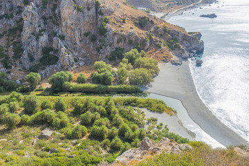 Fototapeta na wymiar Preveli beach in Crete, viewed from above
