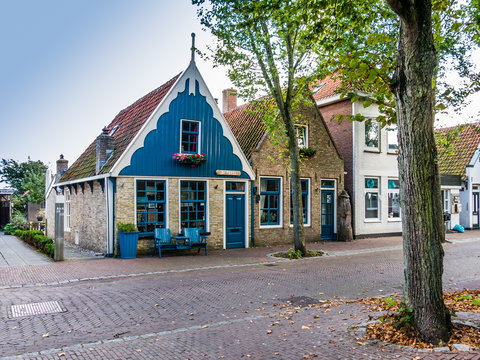 Houses in Main Street (Dorpsstraat) of East-Vlieland, town on the West Frisian island of Vlieland, Netherlands