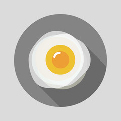 Scrambled eggs on pan icon with long shadow isolated on grey bac