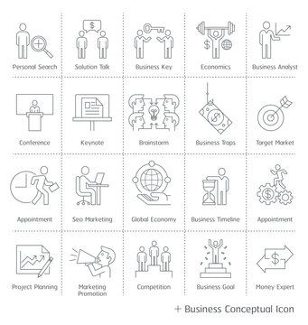 Business management conceptual icons. Vector thin line style.