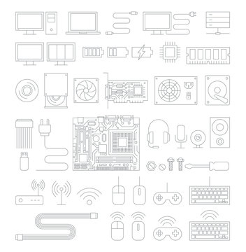 Computer hardware line icons set. Vector Illustration.
