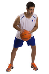 Professional French basketball player with ball.