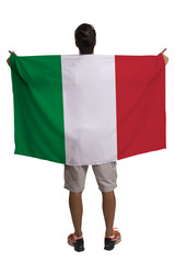 Fan holding the flag of Italy celebrates on white background