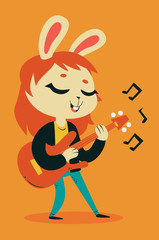 Cute Bunny Girl Playing Guitar
