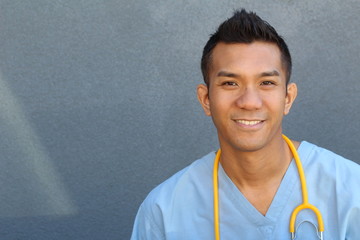 Closeup head shot portrait of confident healthcare professional with copy space on the left