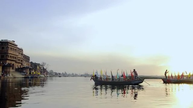 Shot of boats in the river at Kesi Ghat, Yamuna River, Vrindavan, Mathura District, Uttar Pradesh, India