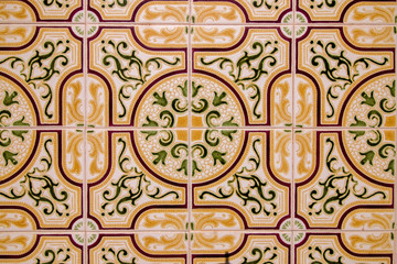Close view of the beautiful artwork of the portuguese azulejo ceramic.
