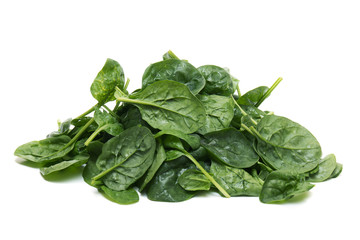 Close view of a pile of fresh spinach, isolated on a white background.