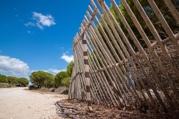 View of an old wood fence to hold sand dunes on the Algarve, Portugal.