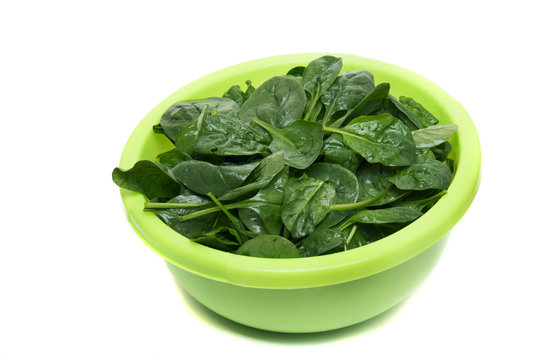 Close view of a bunch of fresh spinach on a green bowl, isolated on a white background.