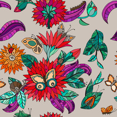 Seamless floral pattern with butterflies, bugs, leaves and flowers. Vector color illustration.