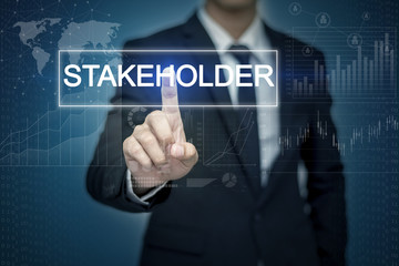 Businessman hand touching STAKEHOLDER button on virtual screen