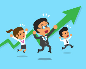 Cartoon business team and a green arrow chart