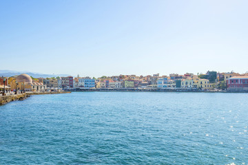 Naklejka na ściany i meble Panoramic view of the port of Chania in Crete, Greece