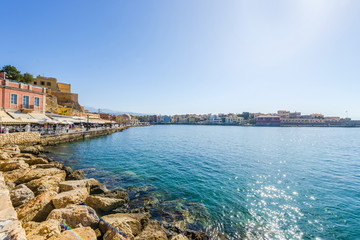 Panoramic view of the port of Chania in Crete, Greece