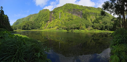 Scenic waterfalls with lake on Azores archipelago Flores (Portugal)