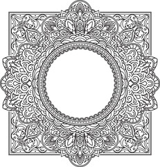 Rich decorated square frame pattern with round centre. Vector de