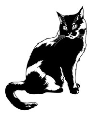 Black cat sitting alone. Silhouette on a white background