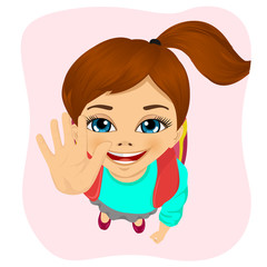 top view of schoolgirl with glasses showing five fingers 