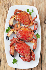 Top view of a steamed crabs on appetizer plate with herbs ready to eat