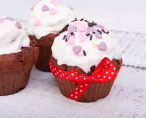 Chocolate cupcakes for Valentine's Day with caramel and whipped