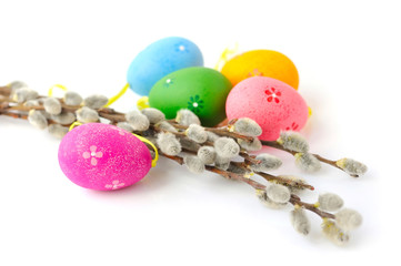 Colorful easter eggs and branches of willow on white background © nmelnychuk