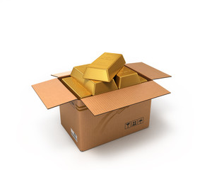 Gold in a cardboard box isolated on white background