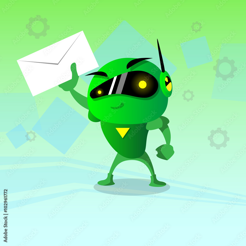 Poster robot hold envelope email inbox message business
