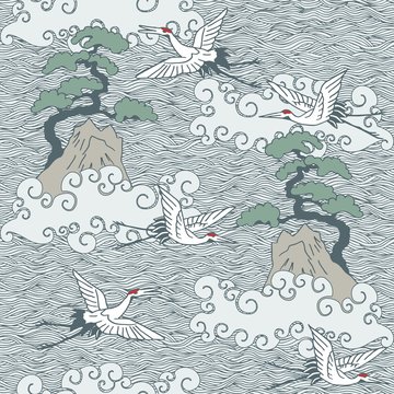 Japanese art inspired seamless pattern of flying cranes over water