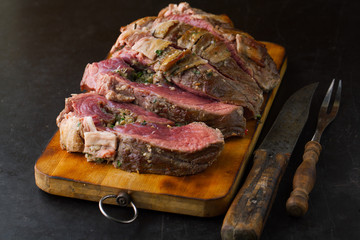 Beef steak with aromatic spices, herbs, chilli and garlic