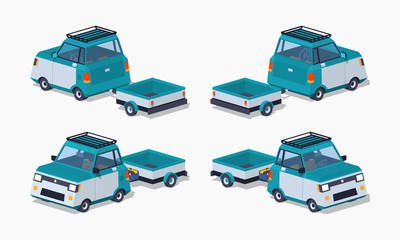 Blue compact car with the trailer. 3D lowpoly isometric vector illustration. The set of objects isolated against the white background and shown from different sides