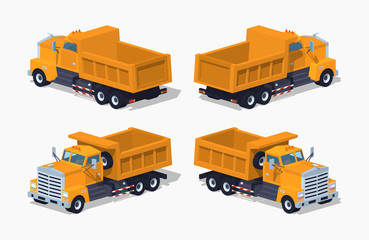 Empty orange dumper. 3D lowpoly isometric vector illustration. The set of objects isolated against the white background and shown from different sides