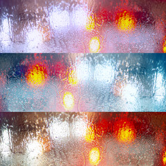 Reflections of light on the wet glass in three versions