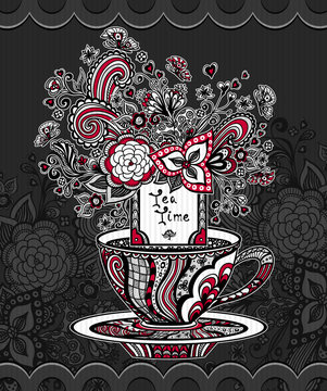 Zen-doodle cup of tea with flowers  red white grey on black background