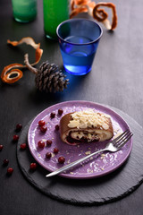 Piece of delicious cake, cranberry dessert, chocolate roll, served with lemonade.