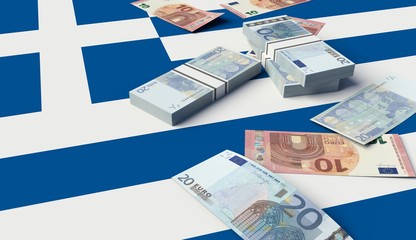 Obraz premium Stack of money on a Greek Flag. 3D illustration