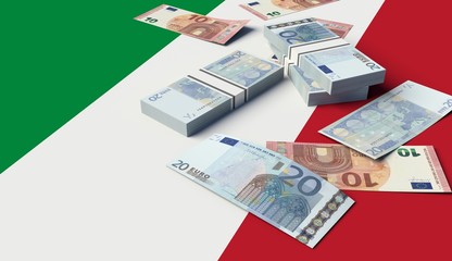 Stack of money on a Italian Flag. 3D illustration