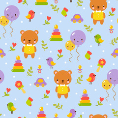 Cute baby pattern design in vector. Cute, pretty seamless background pattern for boy with teddy bear, birds, car and balloons in blue.