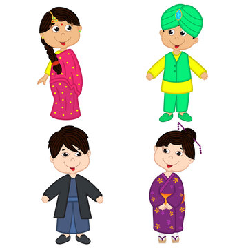 set of isolated children of Indian and Japanese nationalities - vector illustration, eps