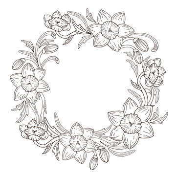 Vector daffodil flowers frame wreaf illustration, victorian style design