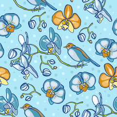 Seamless pattern with birds and orchids.