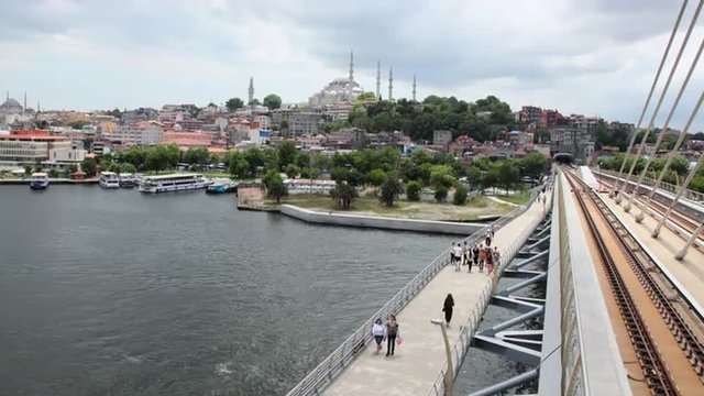 Istanbul from the bridge. Suleymaniye Mosque in the background. Time lapse. 