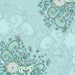 Vintage background with doodle flowers on blue