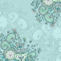 Fototapeta premium Vintage background with doodle flowers on blue