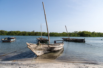 Wooden fishing boats in a village in Tanzania, Africa