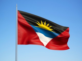 Antigua and Barbuda 3d flag floating in the wind with a blue sky background
