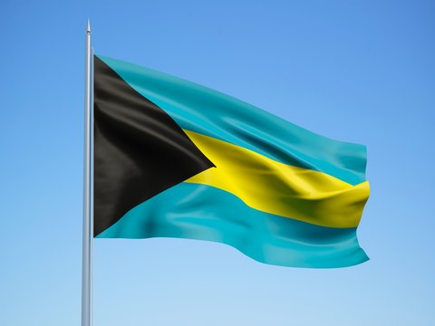 Bahamas 3d flag floating in the wind with a blue sky background 