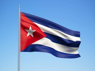 Cuba 3d flag floating in the wind with a blue sky background 