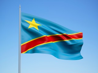 Democratic Republic of the Congo 3d flag floating in the wind with a blue sky background 