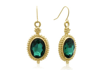 Trendy Oval Emerald Gemstone Earrings in an Ornate Yellow Gold Setting